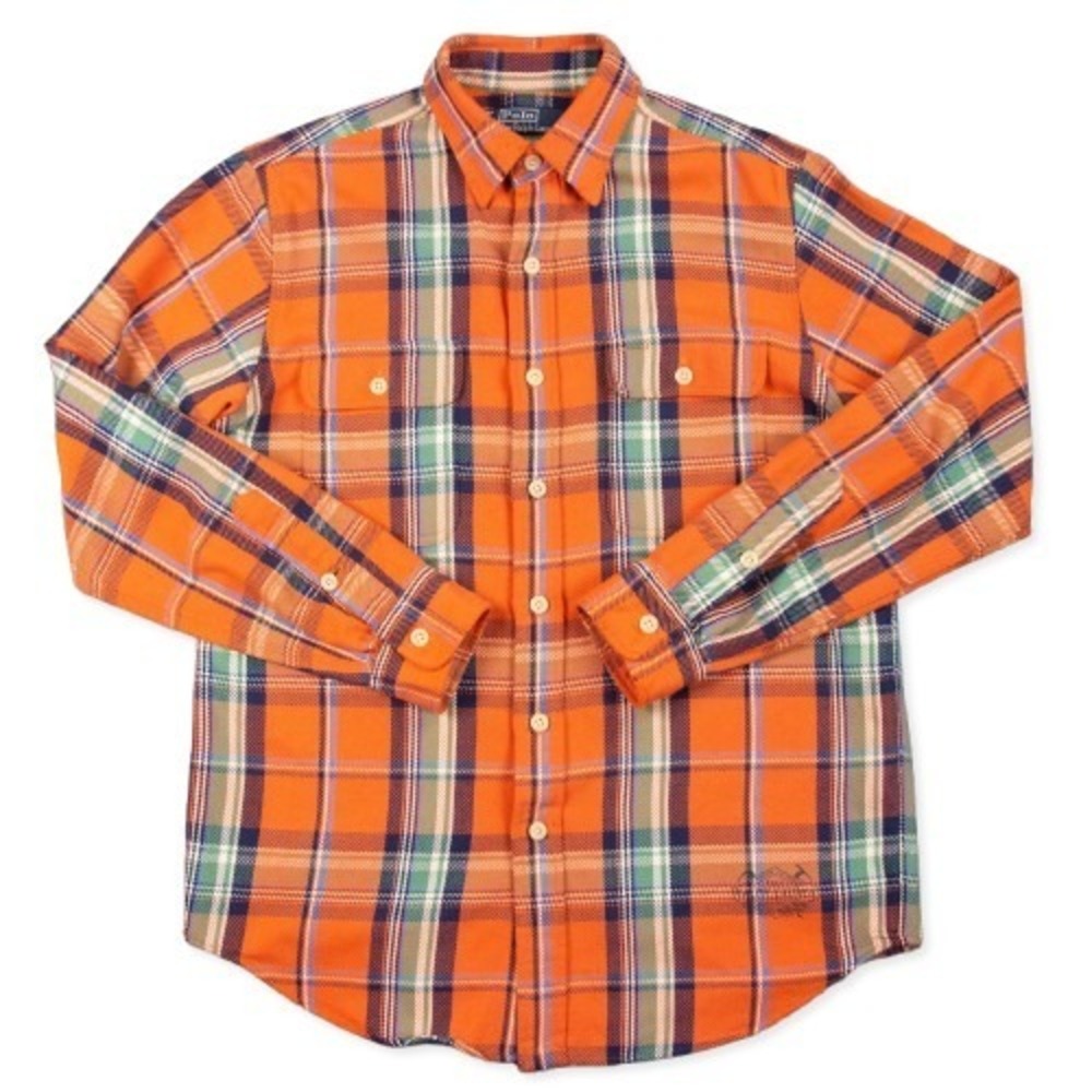 VTG Polo Ralph Lauren Shirt Flannel Mens M Orange Plaid Heavyweight